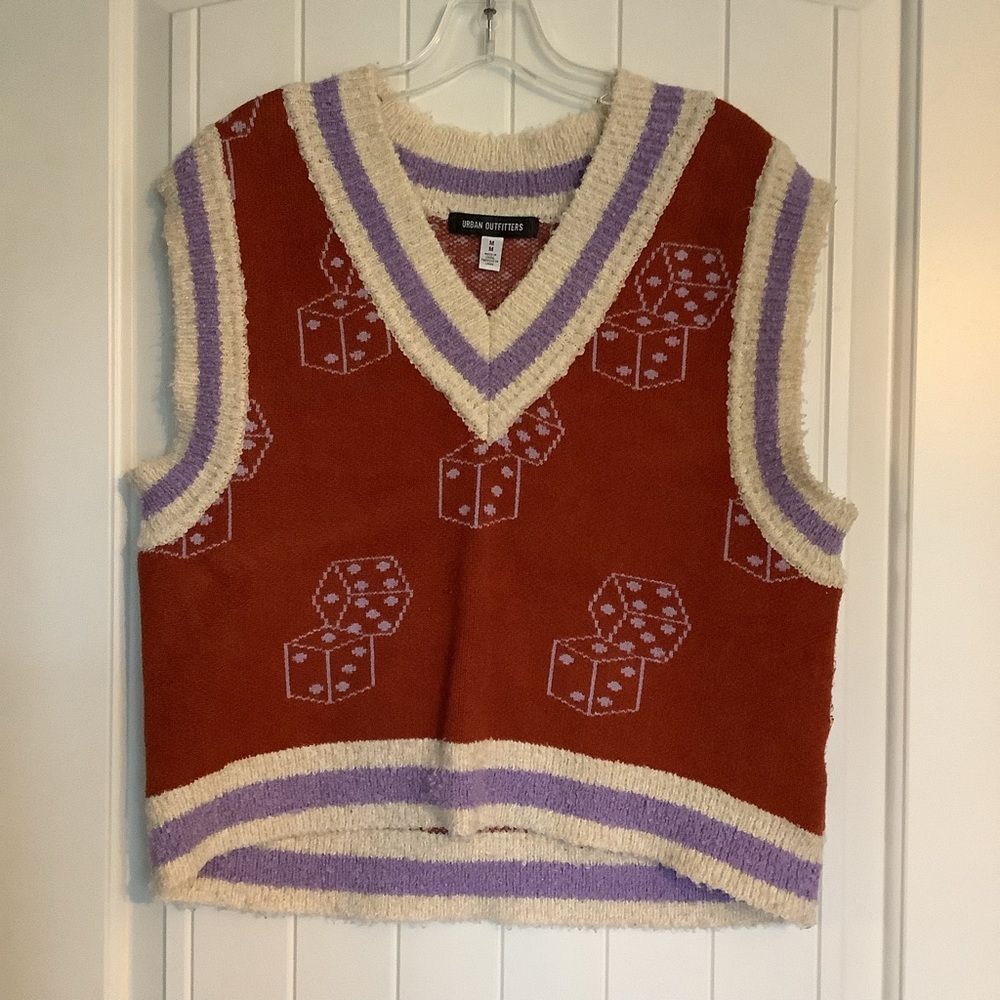 Urban Outfitters Red Dice Knit Sweater Vest with Cream & Lavender Trim